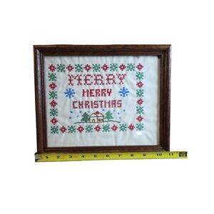Vintage Stamped Cross Stitch Merry Christmas Framed Completed Holiday Picture